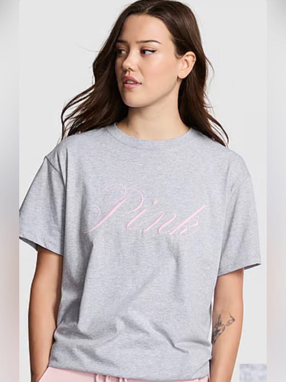 NWOT PINK Victoria's Secret Gray Campus Tee with Pink Script Logo